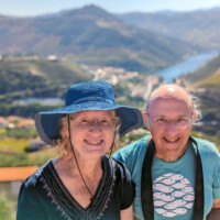 Pam and David with Pinhão and Rio Douro below. Taken from Miradouro Torguiano de São Cristovão do Douro