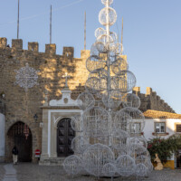 The Christmas decorations at the entrance, by day.